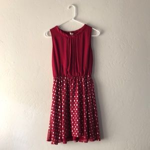 Dress. Burgundy with gold polka dots.